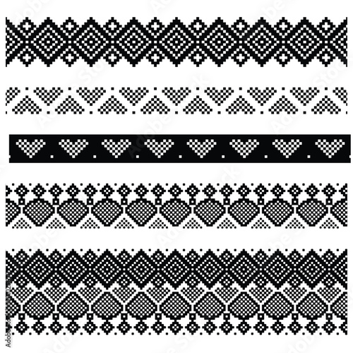 Wallpaper Mural Set of Black and White Cross Stitch Pixel Art Borders with Hearts and Geometric Patterns Torontodigital.ca