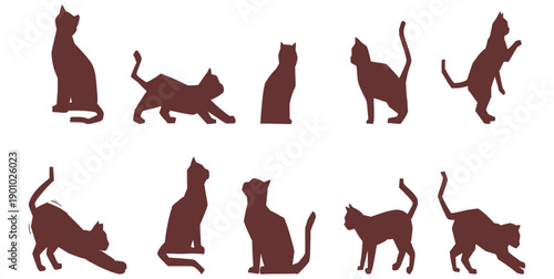 Collection of dark brown cat silhouettes. Hand drawn vector set of various cat movements and poses for animal shelter branding, pet icons, and minimalist stickers.