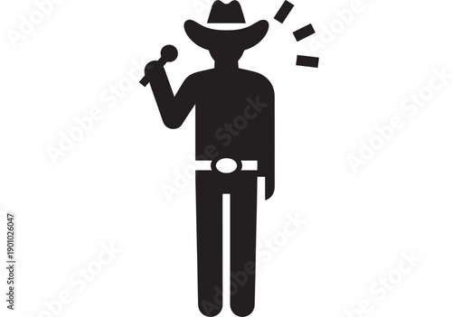Cowboy singer silhouette icon holding microphone with western hat and belt buckle, black pictogram on white background for karaoke, music, concert, festival signage