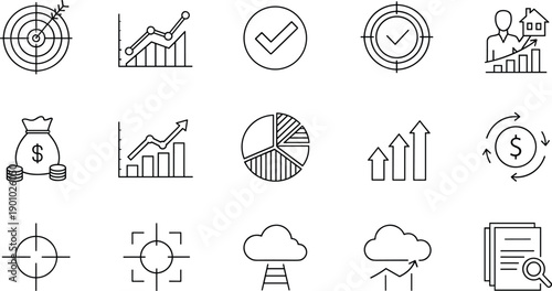 Business analytics and data visualization line icon set with financial charts target goals and cloud storage symbols