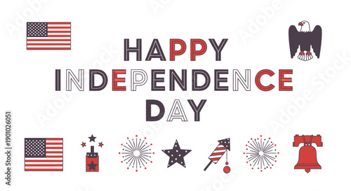 4th of July, Happy Independence Day, USA patriotic typography with American flag icons, fireworks, and Liberty Bell, for banner or poster