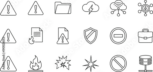 Danger alert warning and digital security line icons set including information risk management and system error sign