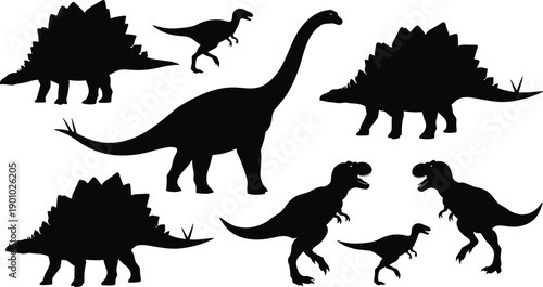 Prehistoric dinosaur silhouette collection featuring stegosaurus brachiosaurus and tyrannosaurus rex set, cad drawing flat vector illustration for educational graphic design projects