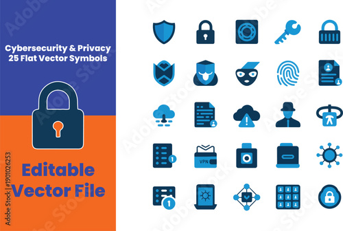 Cybersecurity & Privacy Solid Two-Color Icon Set – 25 Flat Vector Symbols