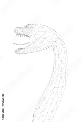 Wireframe anaconda snake with an open mouth, rendered in a geometric white style from a side view on a clean white background. This low polygonal illustration features intricate details and a sleek