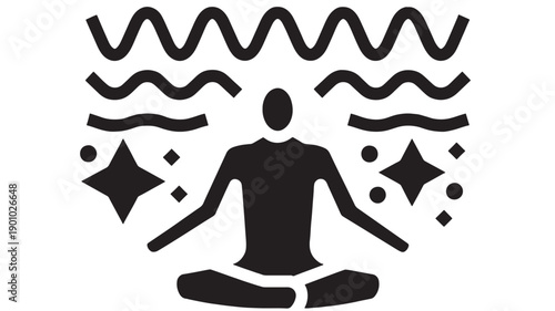 Person meditating icon with abstract wavy lines and sparkle symbols, minimalist black silhouette for mindfulness, calm, yoga, relaxation and wellness app UI