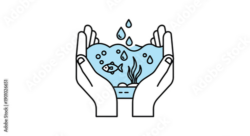 Outline hands gently holding a pool of blue water containing two fish and aquatic plants symbolizing care for freshwater ecosystems and biodiversity, Generative AI.