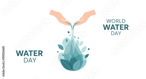 Cupped hands gently pouring clean water into a stylized droplet surrounded by fresh green leaves symbolizing nurturing and life-sustaining practices, Generative AI.