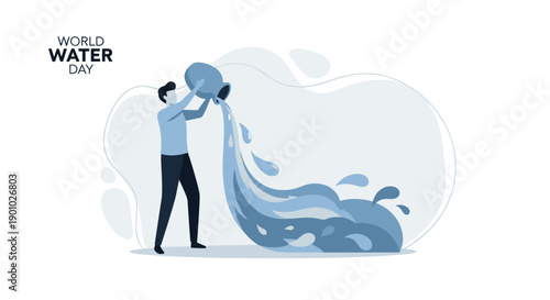 Abstract man pouring a large stream of blue water from a jug creating dynamic splashes representing abundance and essential resource provision, Generative AI.