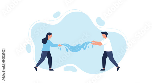 Man and woman actively pulling a stylized stream of blue water symbolizing collaborative efforts in resource management and environmental stewardship, Generative AI.