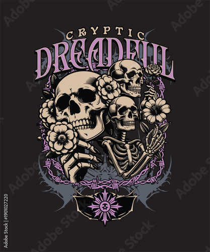 Skulls and Roses with Barbed Wire, Gothic Art Style Illustration