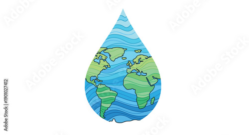 Water droplet containing a distinct world map with green continents and blue waves symbolizing global water resources and ecological harmony, Generative AI.