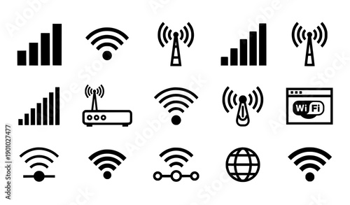 Wireless Wi-Fi signal and network icons vector illustration set