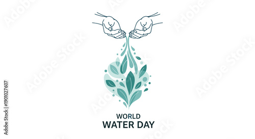 Human hands gracefully releasing a shimmering water drop with surrounding green leaves symbolizing life regeneration and environmental stewardship on World Water Day, Generative AI.