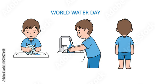 Smiling young boy responsibly washing his hands under flowing water at a simple sink promoting daily hygiene and water efficiency cheerful and practical studio setting, Generative AI.