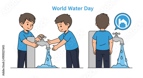 Enthusiastic boy actively washing hands under running water from a shiny silver faucet highlighting hygiene and domestic water usage on World Water Day clean indoor setting, Generative AI.