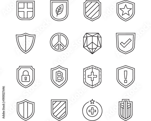 Shield line icon set with security and protection symbols including cross, leaf, star, lock, bitcoin, check mark, warning, peace sign in minimal outline style