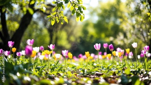 Spring blossoms in a vibrant garden under sunlit trees.