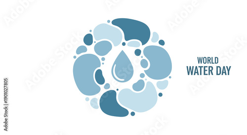 Abstract circular arrangement composed of various blue water droplets converging towards a central drop symbolizing unity and collective importance of water on World Water Day, Generative AI.