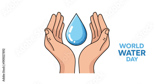 Human hands gently cupping a large glistening blue water drop signifying preciousness and careful stewardship of this vital resource on World Water Day nurturing gesture, Generative AI.