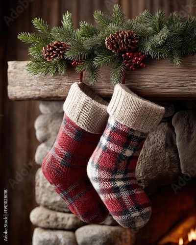 Christmas stocking pair hanging on rustic stone fireplace