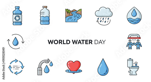Comprehensive banner displaying various water-related icons including bottles rivers clouds faucets hearts and droplets highlighting water usage and conservation for World, Generative AI.