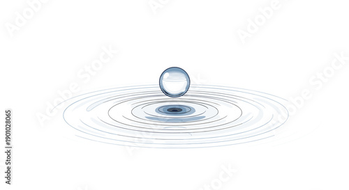 Perfect spherical water droplet suspended gracefully above a series of concentric ripples on a calm surface illustrating purity and impact crisp minimalist aesthetics, Generative AI.