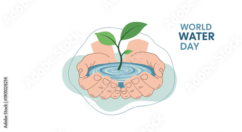 Gently cupped hands holding pristine clear water with a small vibrant green plant sprouting symbolizing life growth and environmental care on World Water Day serene and, Generative AI.