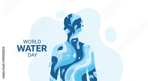 Vibrant human silhouette intricately filled with swirling patterns of flowing blue water representing the body's composition and vital connection to water on World Water Day, Generative AI.