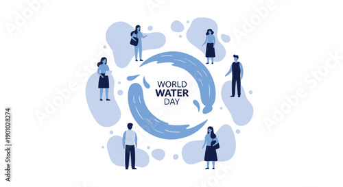 Diverse group of people forming a cohesive circle around a dynamic swirling water splash representing global community and water stewardship on World Water Day unified and, Generative AI.
