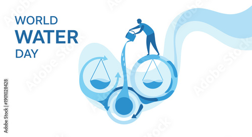 Man on balance scales pouring water into an intricate circular system with scales and droplets illustrating water cycle balance and sustainable usage on World Water Day, Generative AI.