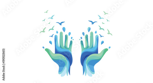 Dynamic illustration of two stylized hands composed of vibrant blue and green water splashes from which a flock of birds ascends symbolizing renewal and environmental freedom, Generative AI.
