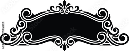 Vintage black ornamental frame silhouette with floral swirls and filigree flourishes for elegant banner or label design.