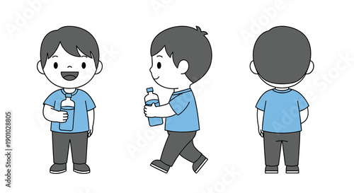 Charming cartoon boy character in three distinct poses happily holding a blue water bottle illustrating hydration and healthy habits on a plain white background, Generative AI.