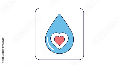 Vibrant blue water drop icon containing a bold red and white heart shape symbolizing love and care for water resources within a clean rounded square frame, Generative AI.