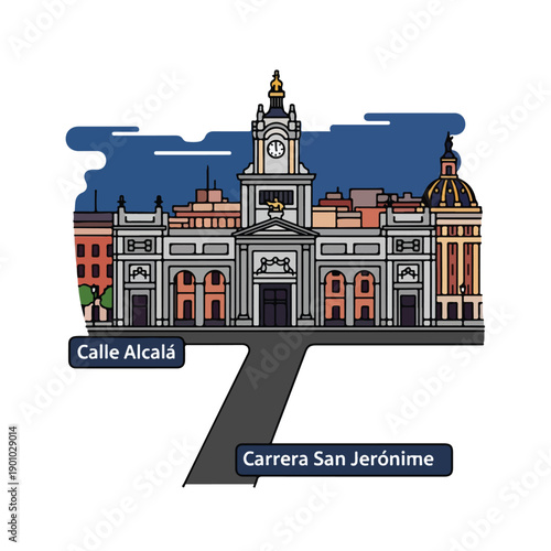 Vibrant cityscape illustration of a historic building with clock tower, surrounded by other structures, viewed from a street-level perspective