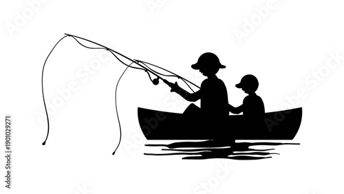 Silhouette of Father and Son Fishing Together on a Boat