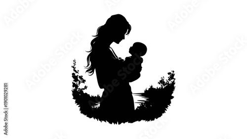 Silhouette of Mother and Baby Surrounded by Floral Grass Ornament