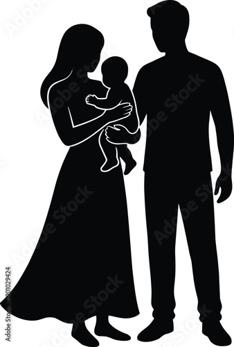 Family silhouette illustration showing mother father holding baby isolated on white background for parenthood love care lifestyle concept design
