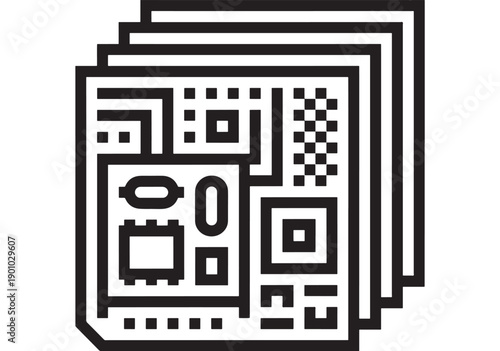 Newspaper icon with stacked pages and bold geometric layout, black and white vector style for news media, journalism, press headline, and publication design