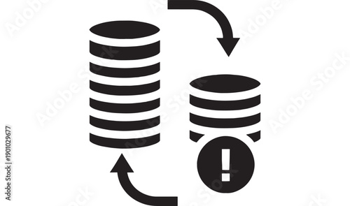Database replication icon with server stacks, curved sync arrows and warning alert symbol, minimal black glyph for data transfer, backup, migration and error concept