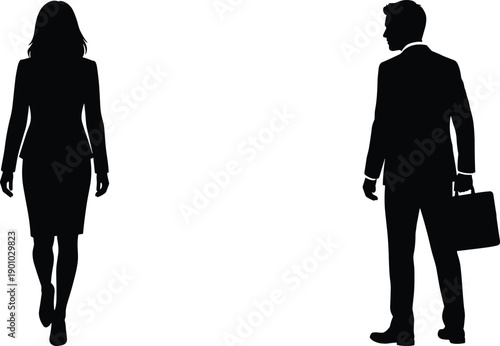 Man and woman silhouette illustration showing people walking away from each other isolated on white background for separation relationship concept design