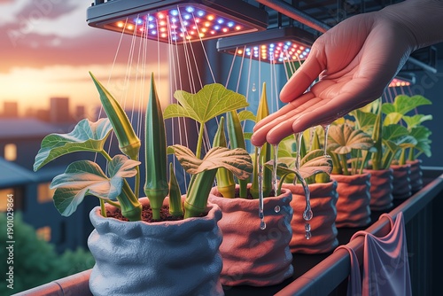 Hand Tending Plants Under LED Grow Light.