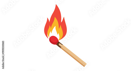 A burning match with vibrant orange and yellow flames illustrated on white