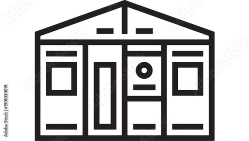 House front icon with gable roof, door and windows in bold black outline, minimal vector pictogram for real estate, home service, property app UI and signage