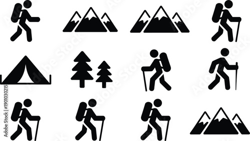 Hiking and camping icon set showing backpacker mountains trees tent trekking symbols isolated on white background for outdoor adventure design
