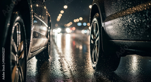 Macro Close-Up of Rainy Night Urban Traffic Details with Lights and Reflections