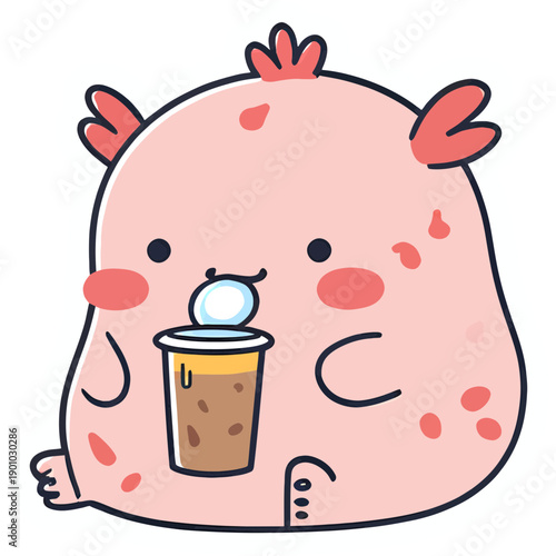chubby axolotl | drinking bubble tea | cheerful pastel colors | kawaii sticker style | bold outline | cute aquatic character | playful bubble tea aesthetic | soft gradient accents | whimsical adorable