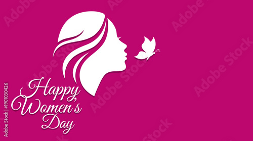 A minimalist and stylish design for International Women's Day featuring a woman's profile, a butterfly, and celebratory text on a pink backdrop