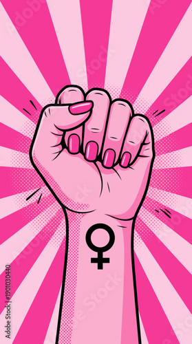 A fist raised high with a woman symbol on the arm and vibrant pink background